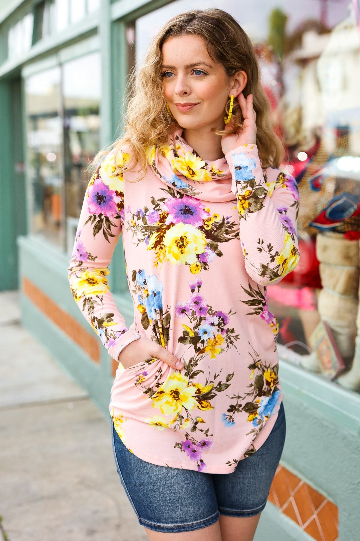 Maxct &Just My Type Pink Floral Cowl Neck Sweater Top