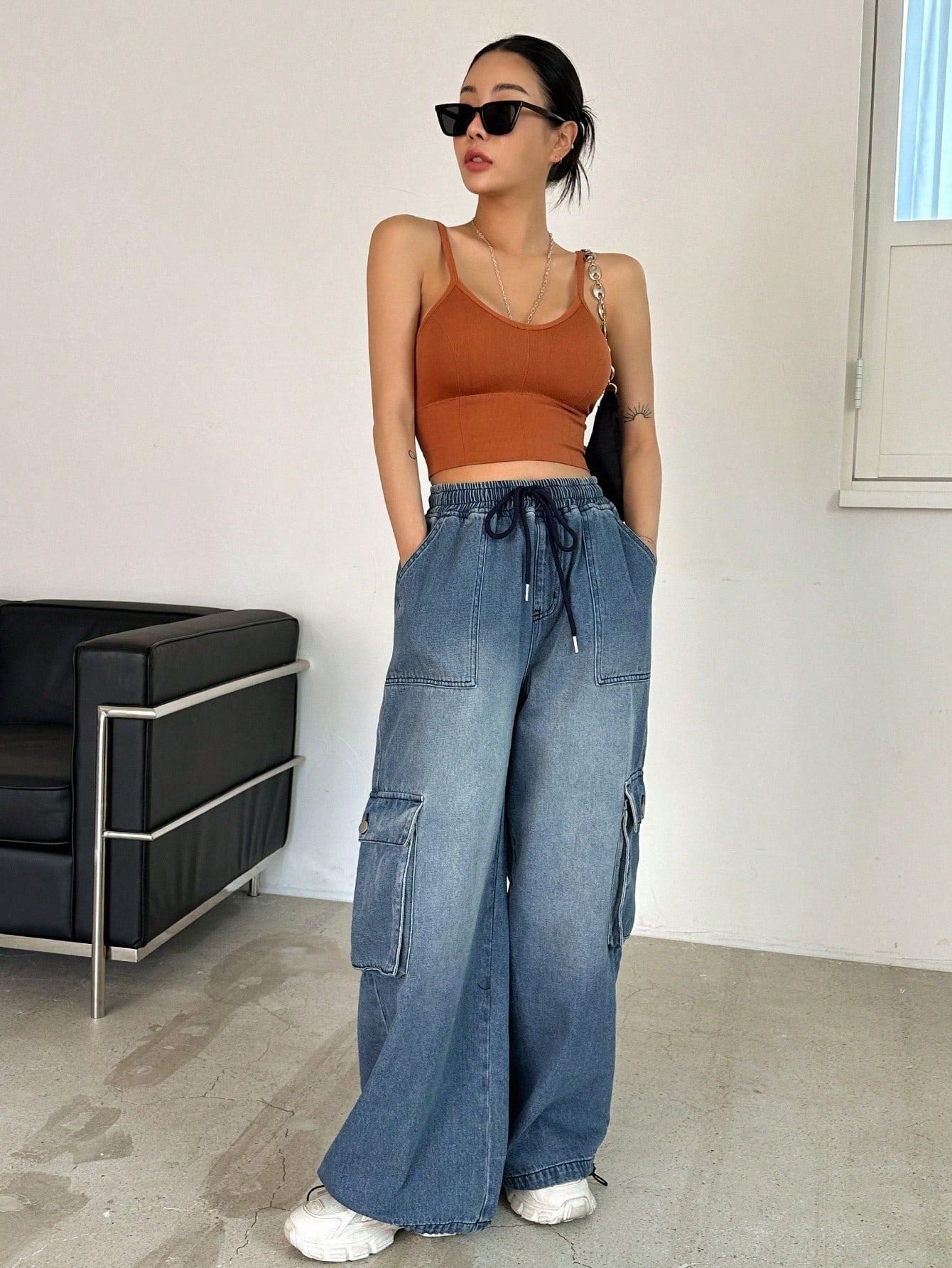 Maxct Drawstring Waist Flap Pocket Side Cargo Pants