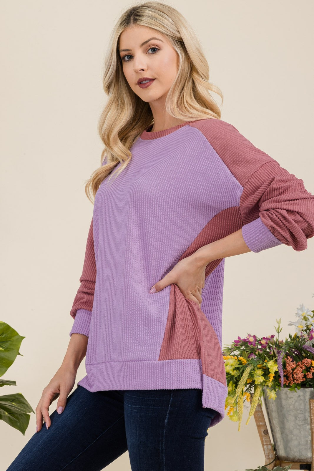 Maxct &Celeste Full Size High-Low Contrast Round Neck Sweatshirt