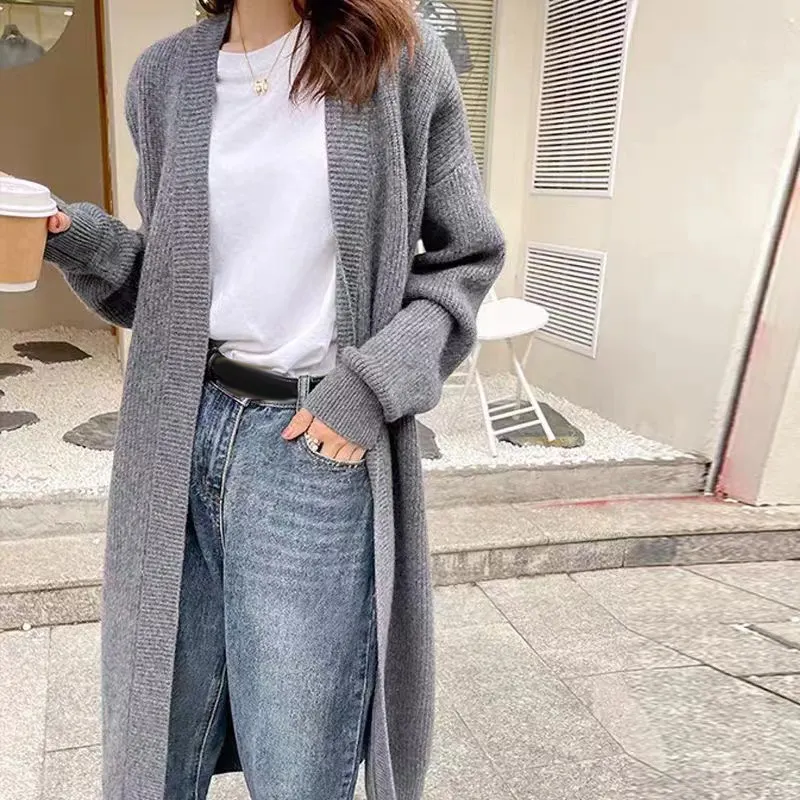 Maxct Casual Knitted Solid Long Cardigan Women Korean Loose Long Open Sweaters Female Autumn Chic Warm Simple Daily Street Tops