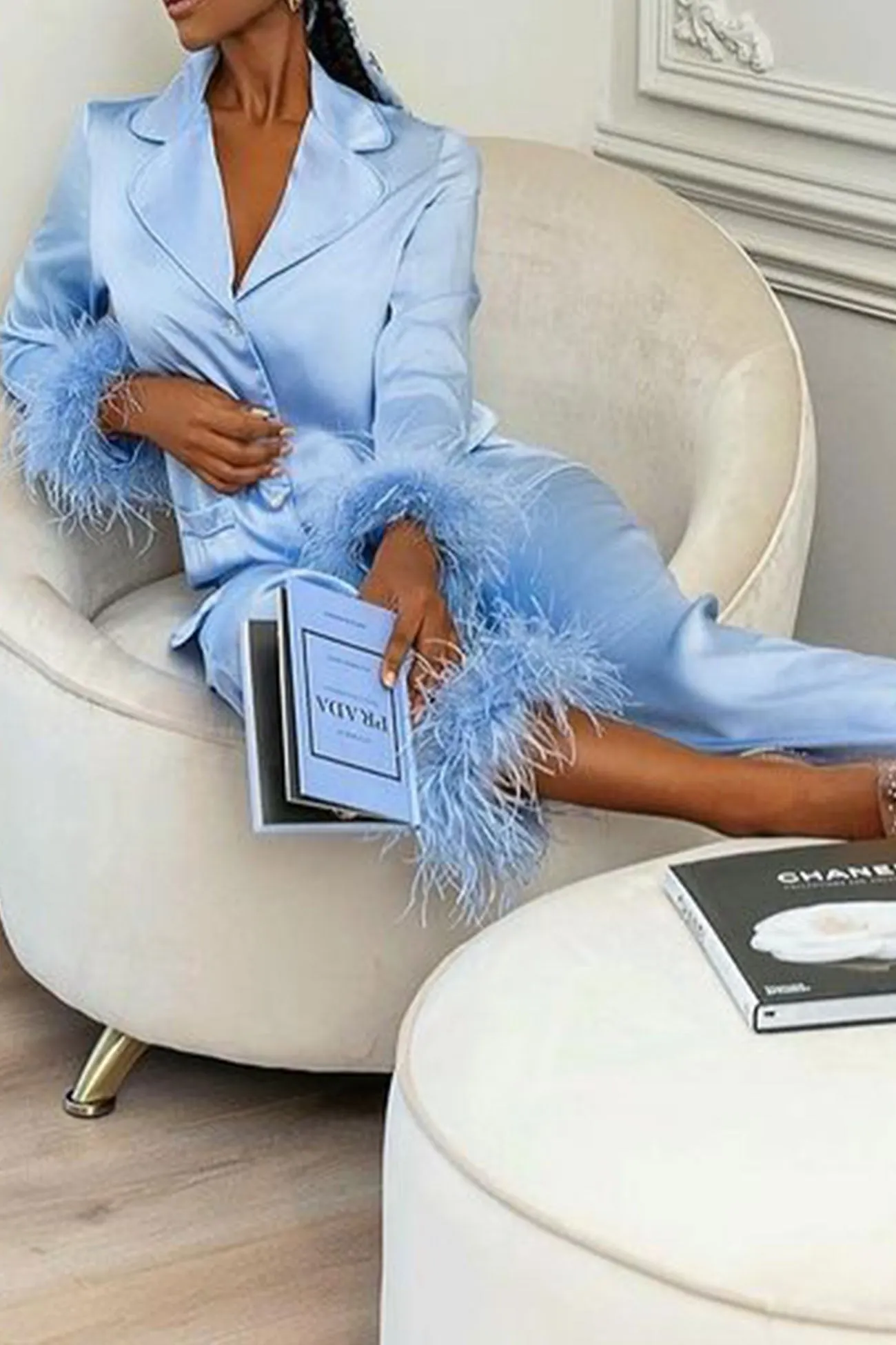Maxct Lapel Feather Hem Two-piece Pants Set