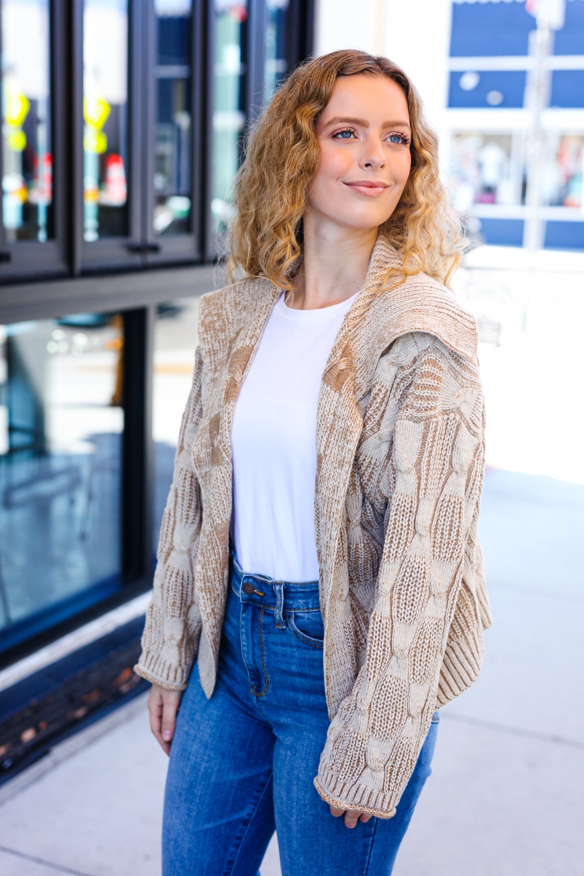 Maxct &Autumn Vibes Taupe Textured Cable Knit Collared Cardigan