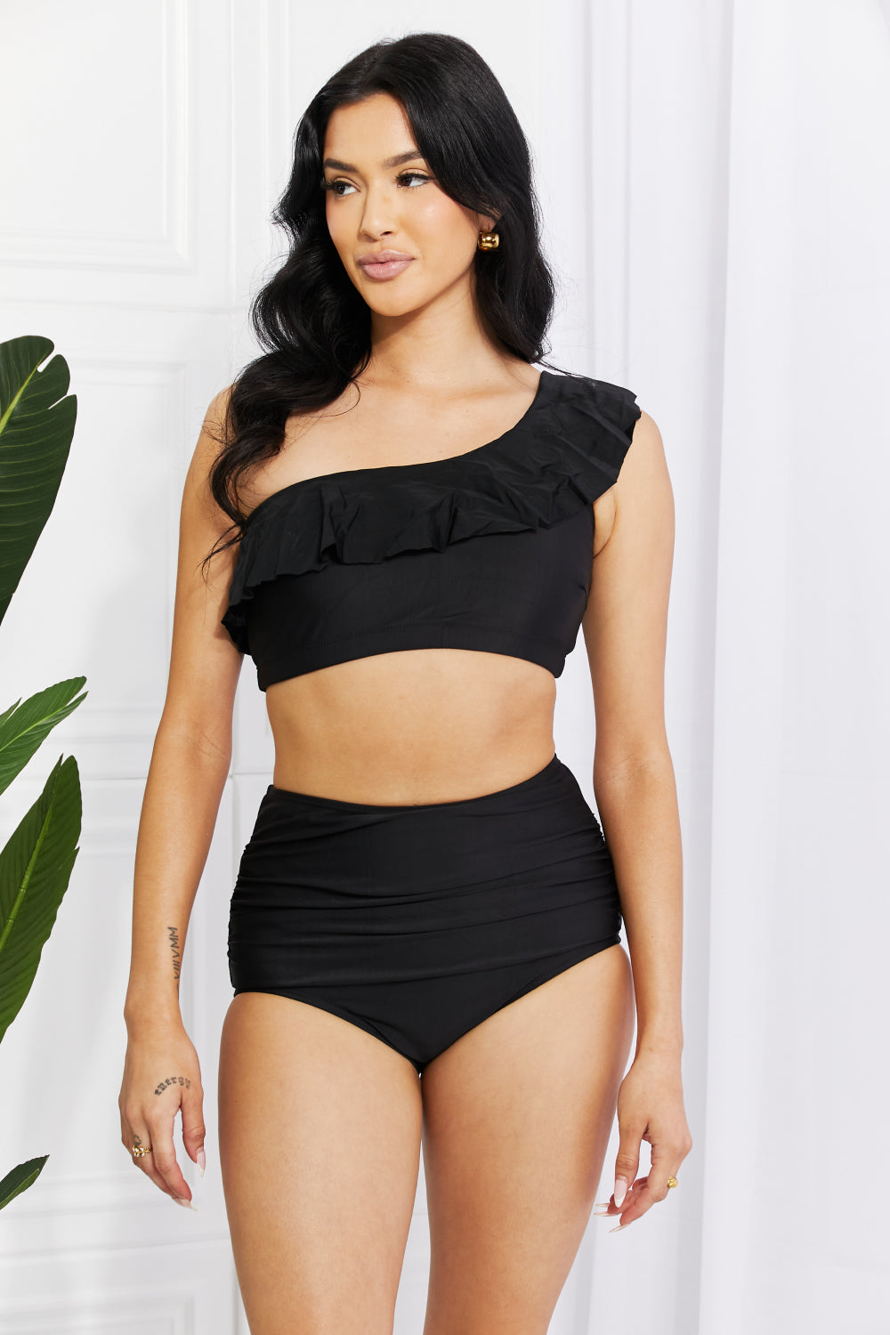 Maxct &Marina West Swim Seaside Romance Ruffle One-Shoulder Bikini in Black