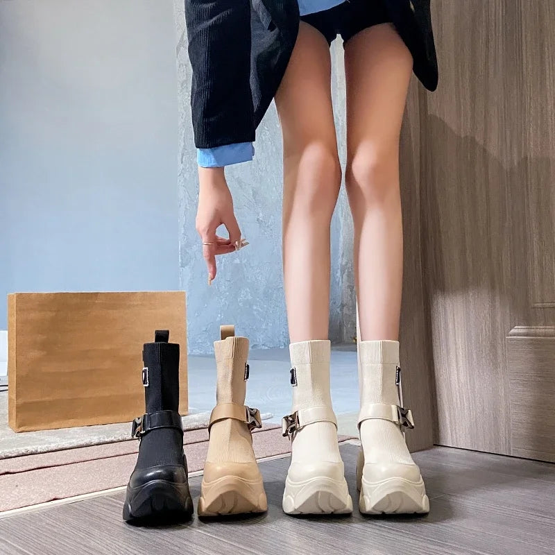 Platform Knitted Slip on Boots for Women Maxct