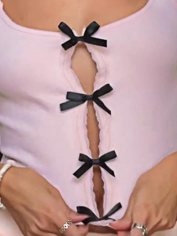 Maxct Cute Bowknot Decor Hollow Out Shirts