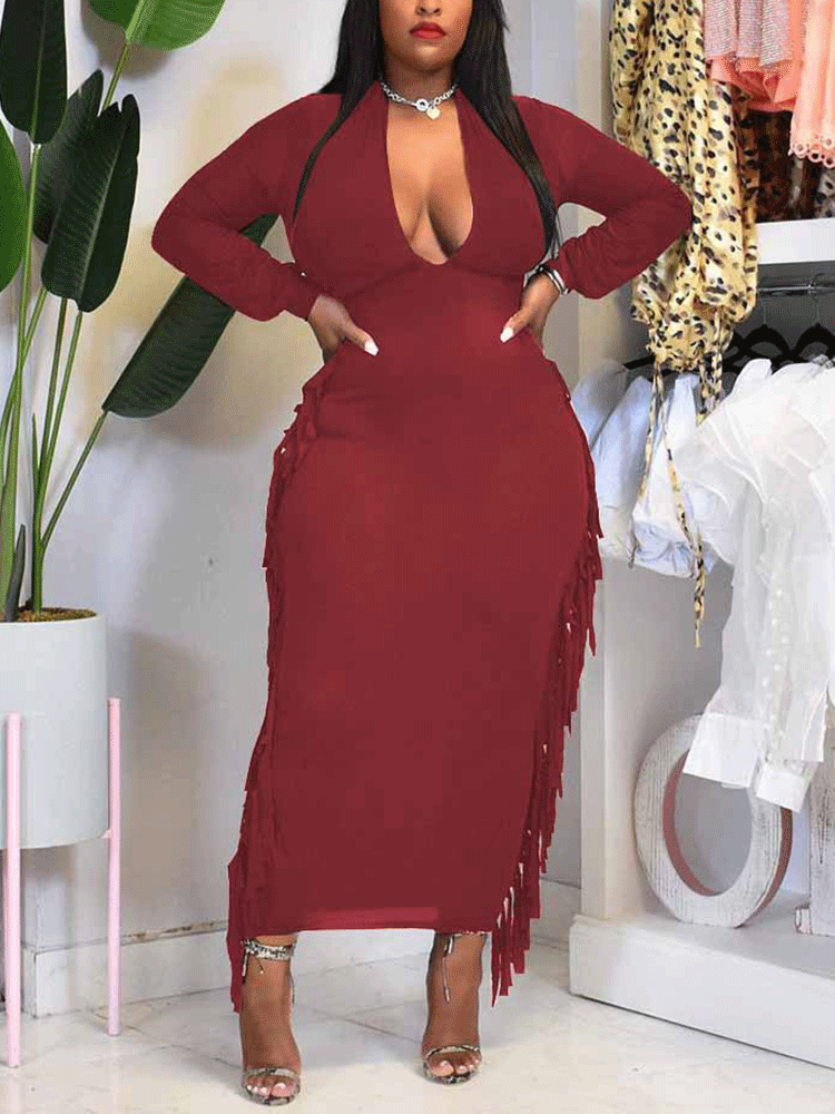 Deep V-neck Tassels Maxi Dress Maxct