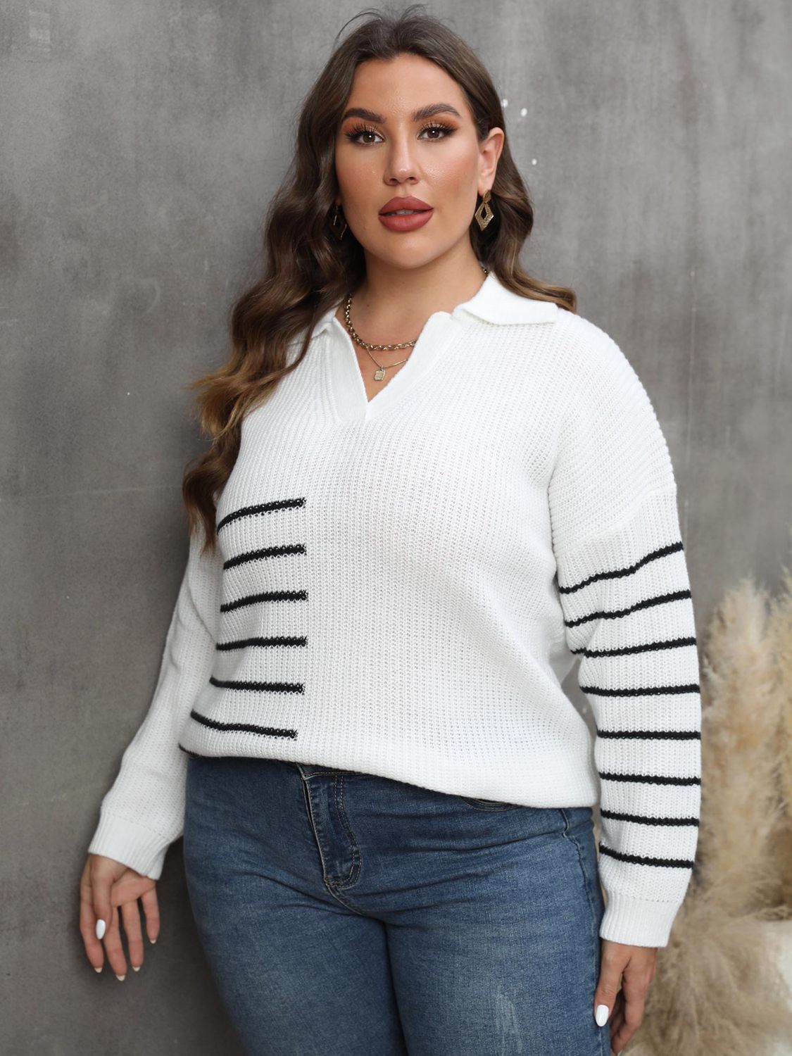 Maxct &Plus Size Striped V-Neck Sweater