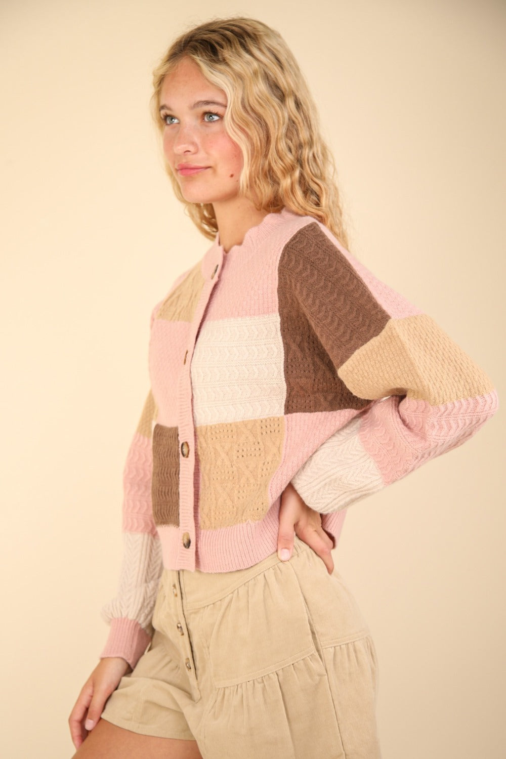 Maxct &VERY J Color Block Button Down Textured Sweater Cardigan