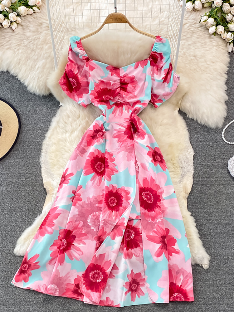 Vintage Women Printed Dresss Sexy Square Collar Short Puff Sleeve High Waist A-Line Vacation Beach Vestidos Female New