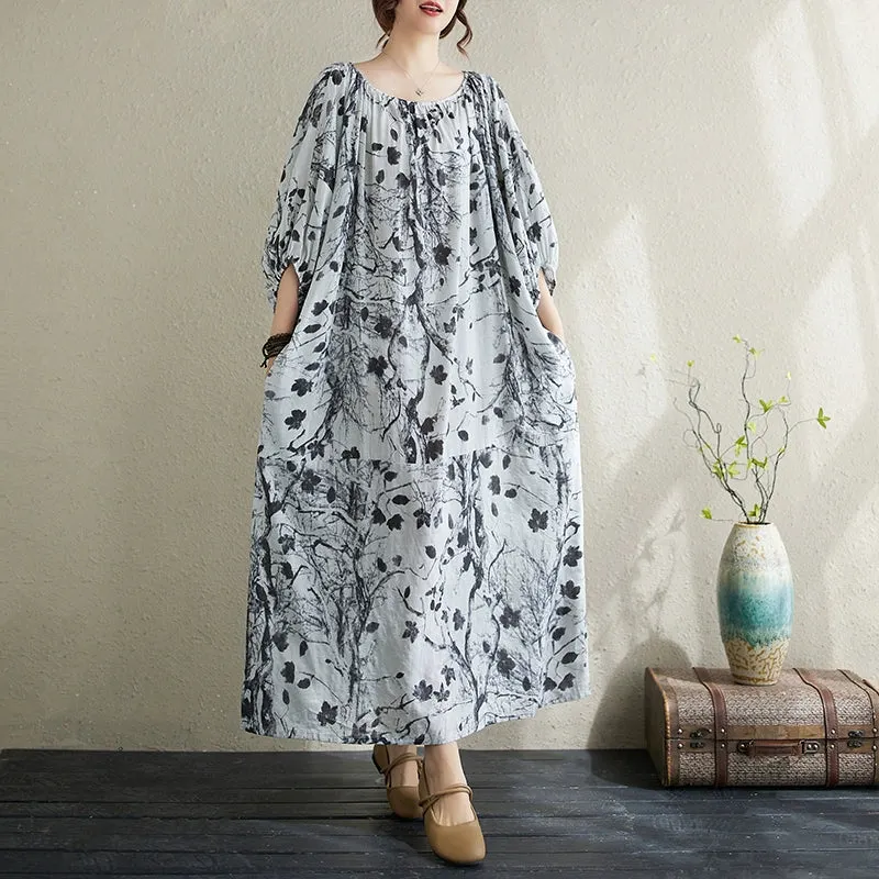Spring Cotton Comfortable Plus Size Printed Lantern Sleeves Dress