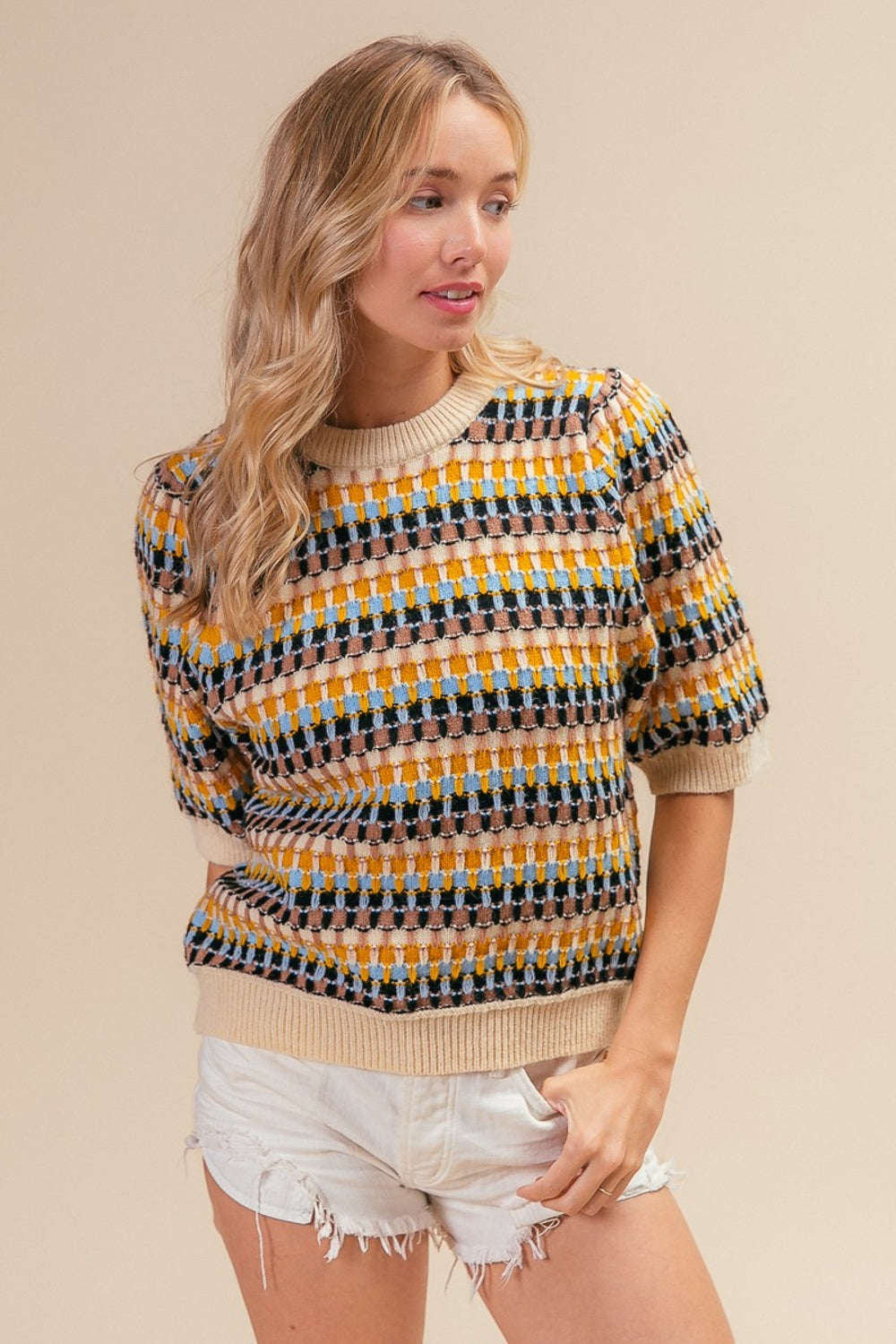 Maxct &BiBi Multi Color Half Sleeve Sweater
