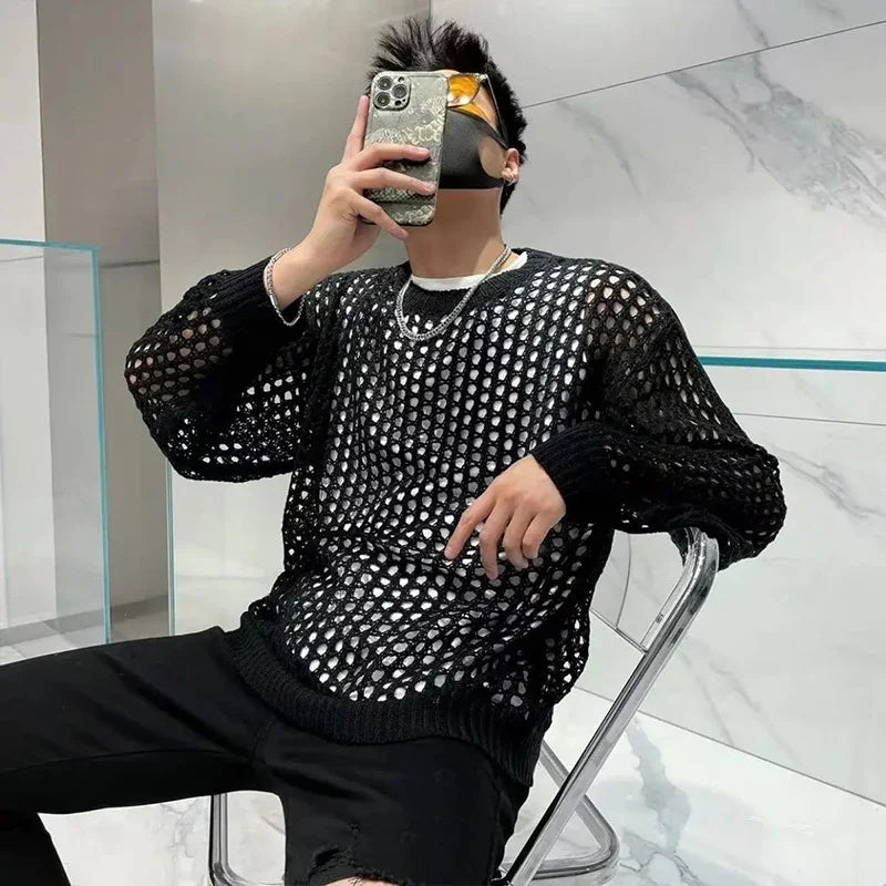 Maxct Summer Y2K Vintage Hollow Out Loose Knitting T-shirt Man All Match Geometic Tops Fashion Casual Outfits See-though Male Pullover