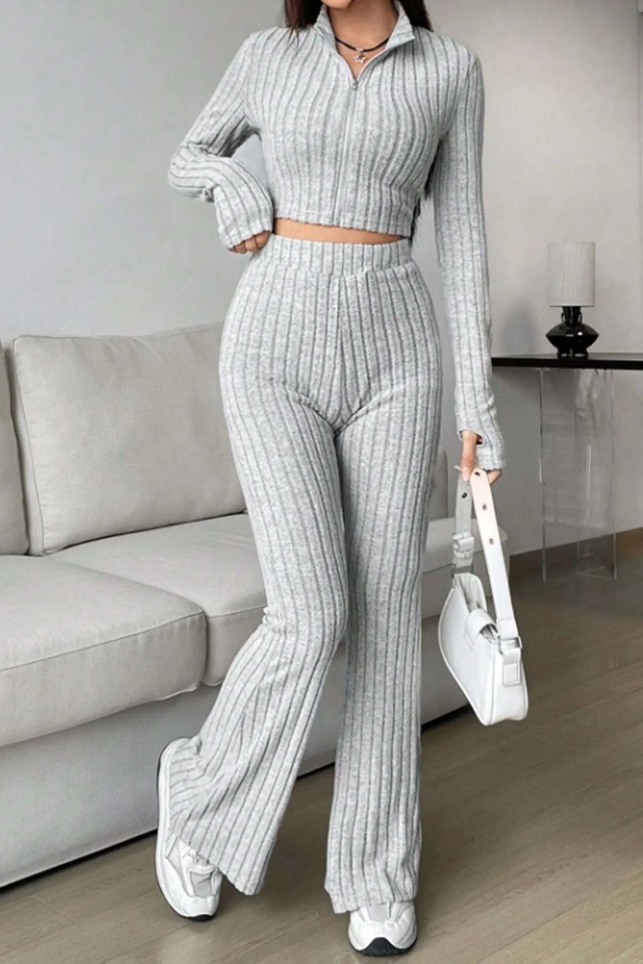 Maxct Zip Long Sleeve Ribbed Flared Pants Set