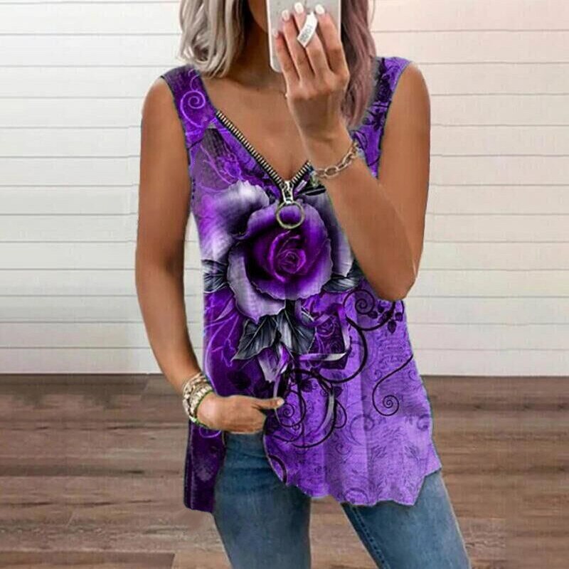 Maxct Women V Neck Zipper Sleeveless Top Summer Sexy Women Rose Printed T Shirt Fashion Loose Casual Plus Size Shirts F163