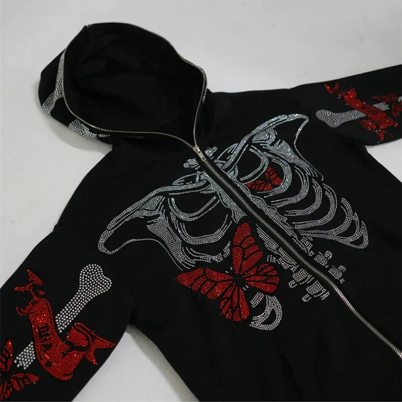 Unisex Rhinestone Skeleton & Butterfly Zip Hoodie