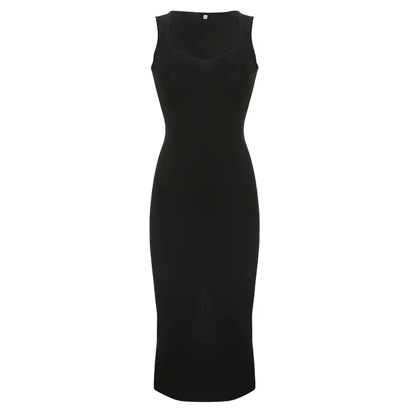 Basic Knit Long Dress Korean Square Collar Sleeveless Dresses Casual Y2k Vintage All-match Outftis Maxct