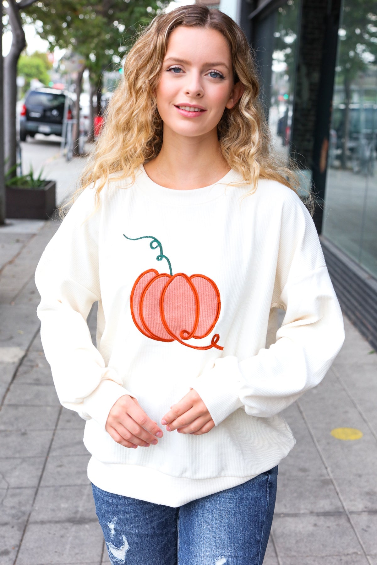 Maxct &Halloween Lovely Ivory Embroidered Pumpkin Knit Sweater