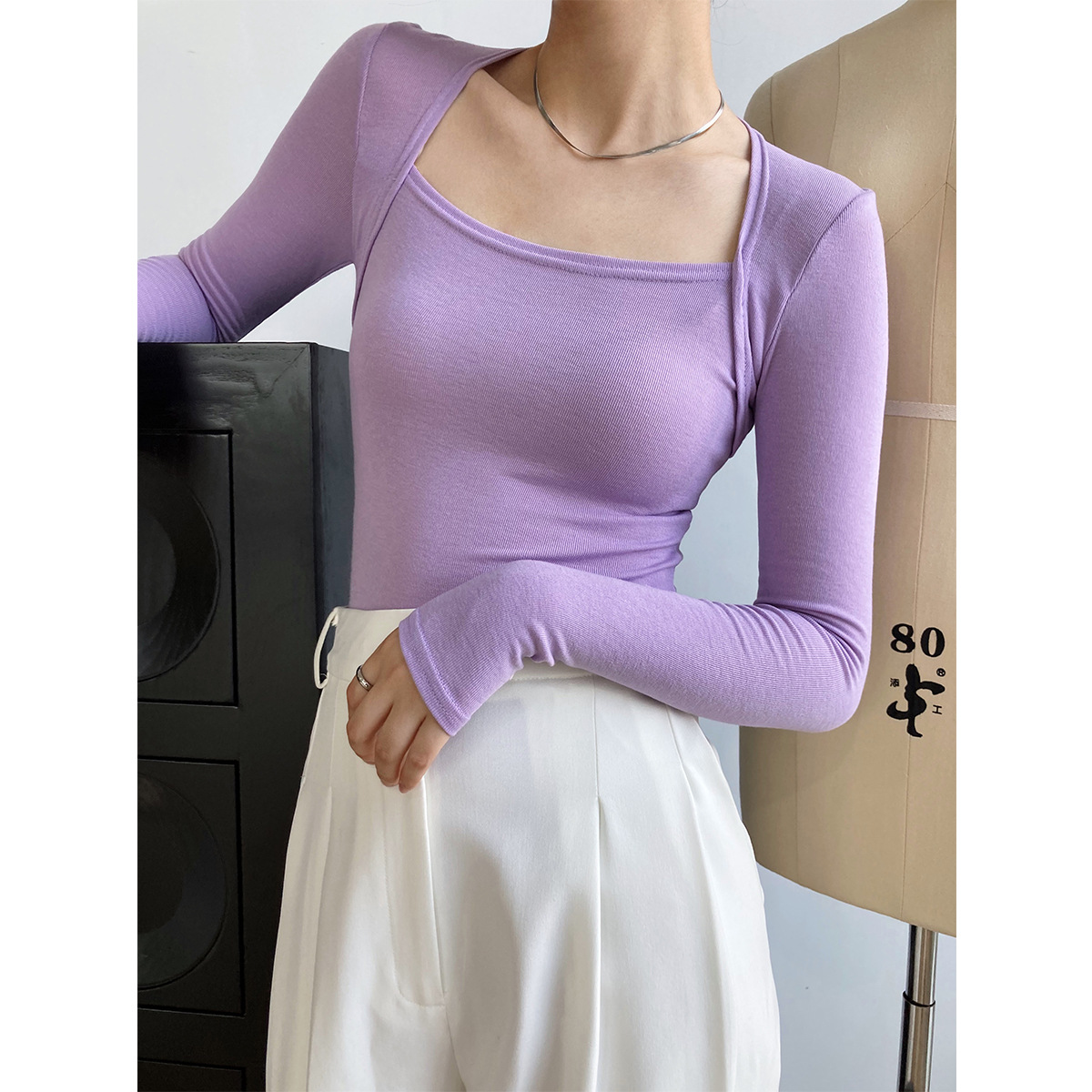 Maxct 2000s fashion Luxi French Style Long Sleeve Square Collar T-shirt Women's Slim Fit Slimming Fake Two-Piece Top Autumn Thin Bottoming Shirt 283