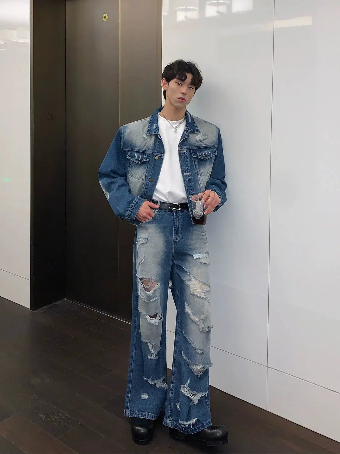Maxct Blue Denim Jacket & Ripped Wide-leg Jeans