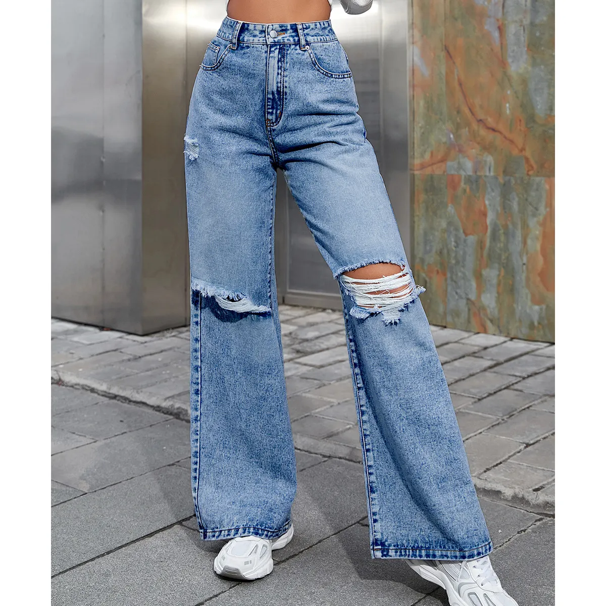 Maxct outfit inspo Women's Ins Fashion Ripped High Waist Wide Leg Pants Casual Denim Pants Fashion
