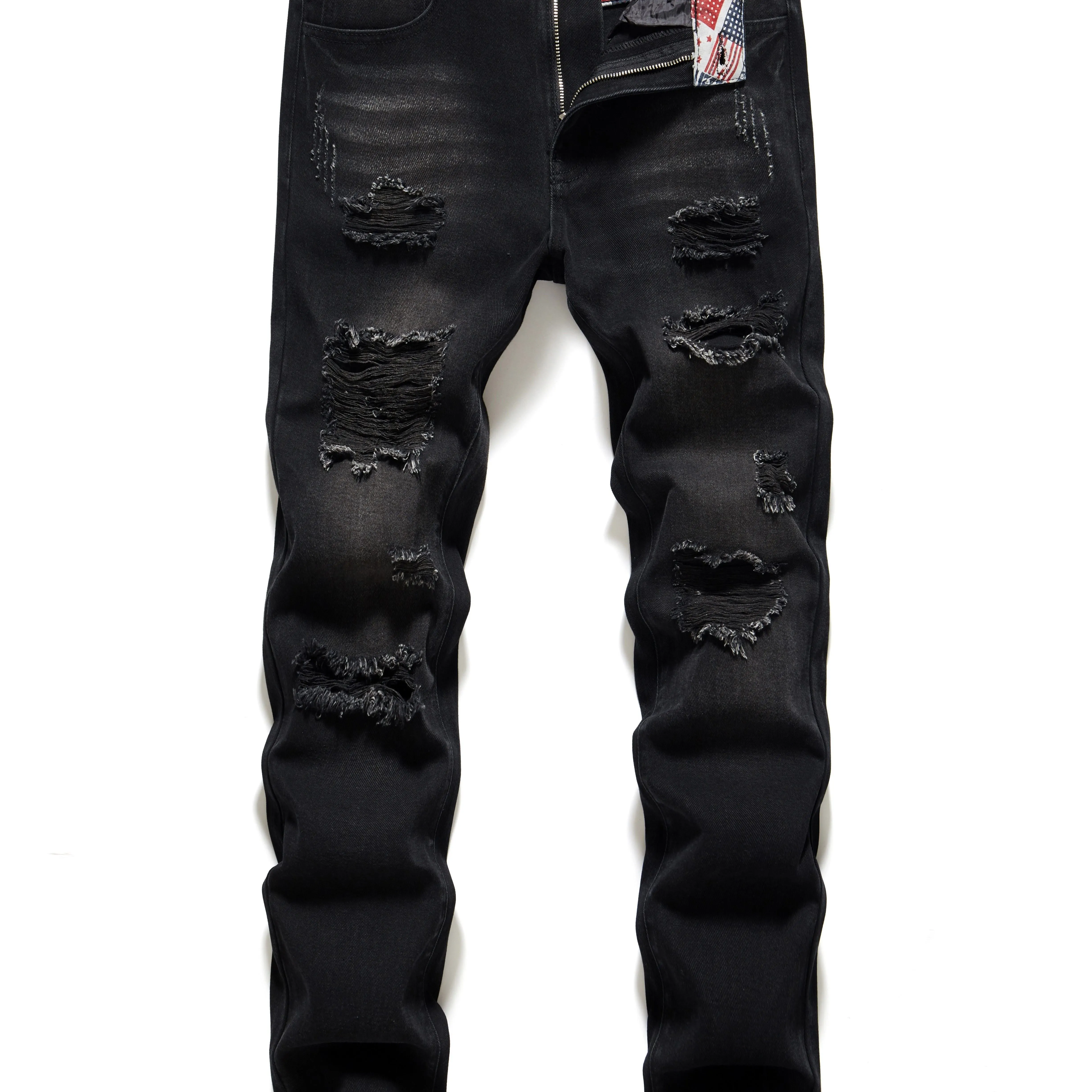 Maxct  Regular Fit Ripped Jeans, Men's Casual Street Style Distressed Denim Pants For All Seasons