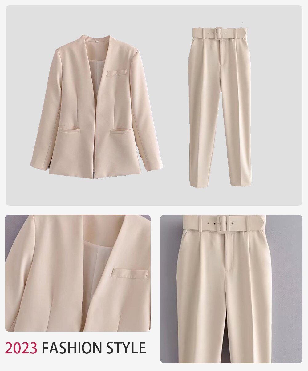 2024 Women Fashion Two Pieces Sets Office Wear Blazers Coat And With Belt High Waist Pants Female