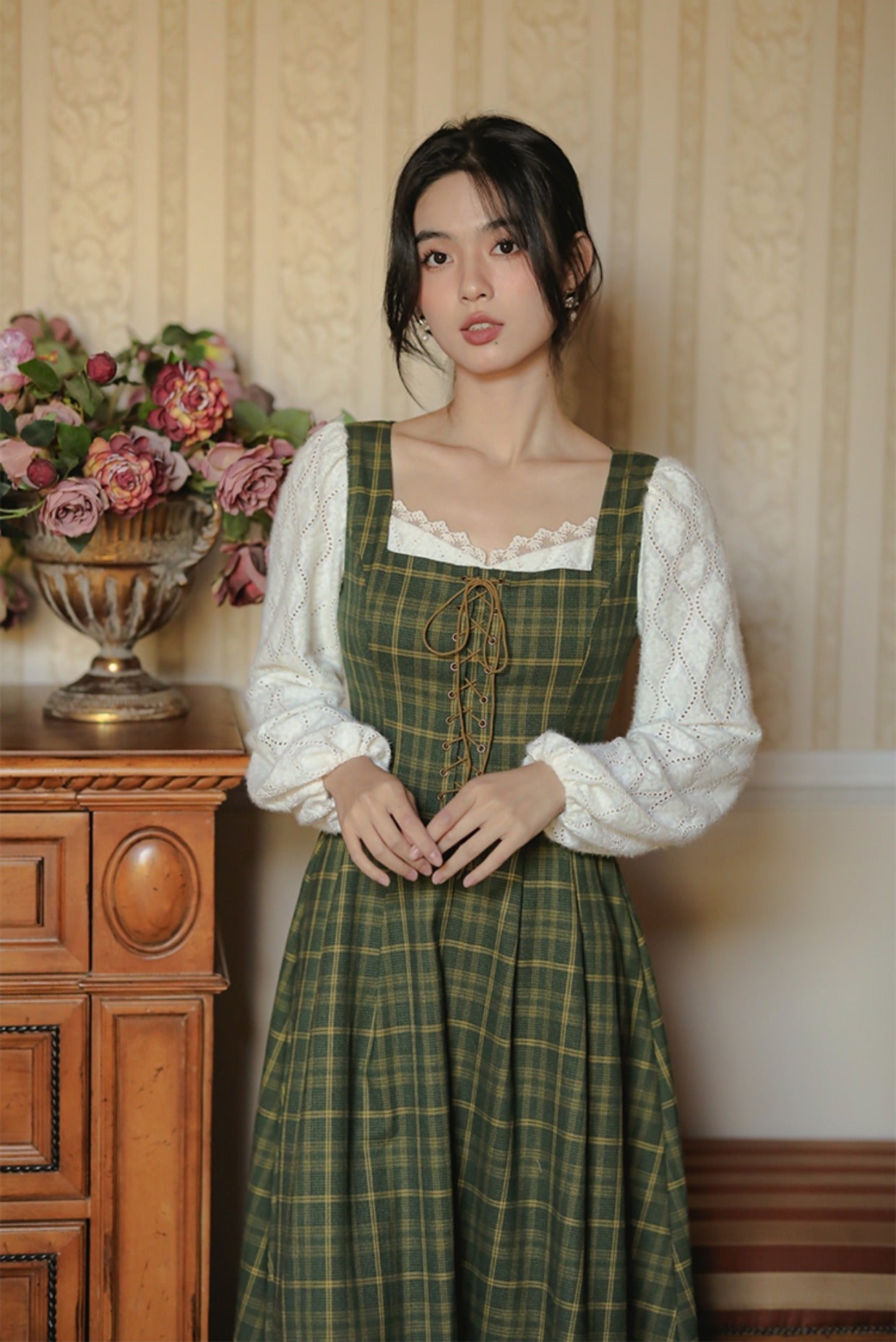 Rustic Plaid Lace Up Corset Midi Dress Maxct