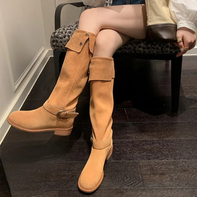Womens Suede Knee High Boots 75mm Block Heel Maxct
