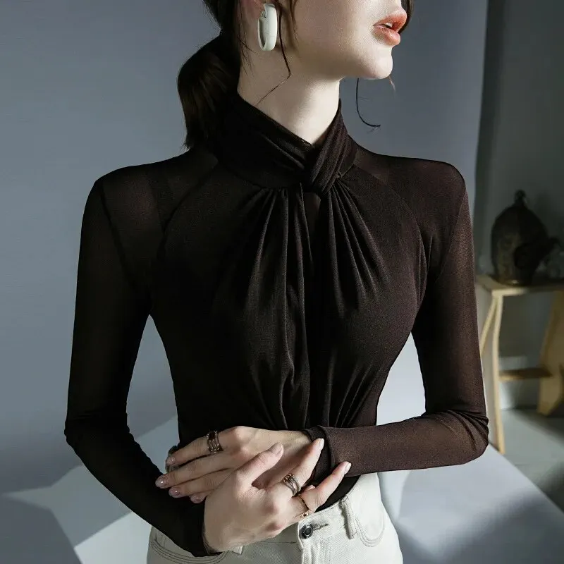 Maxct Mesh T Shirts Women Hollow Out Crossed Turtleneck Full Sleeve Tops Tees Lady Autumn High Stretchy Folds TShirt
