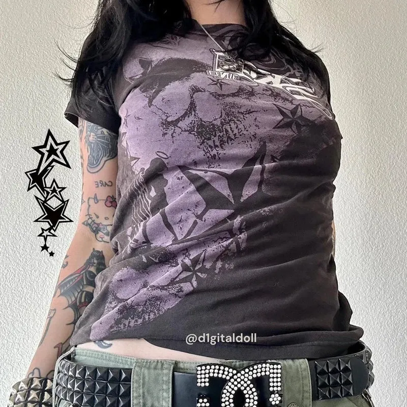 Maxct Cyber Grunge E-girl Gothic Crop Tops Women's T-shirt 00s Retro Graphic Print Short Sleeve Tees Harajuku Japanese Y2K Clothes