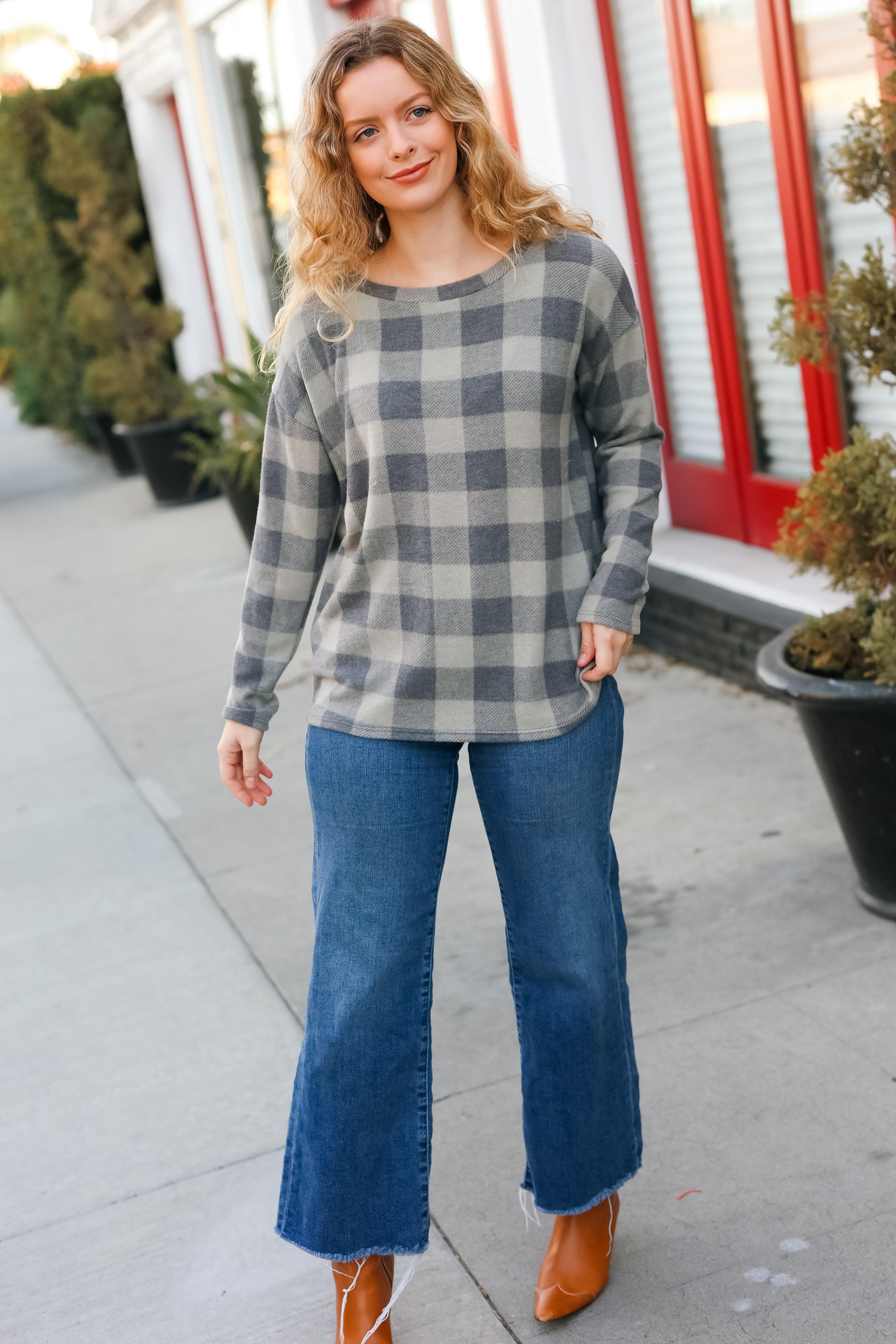 Maxct &Check It Out Olive Grey Checker Plaid Hacci Pullover