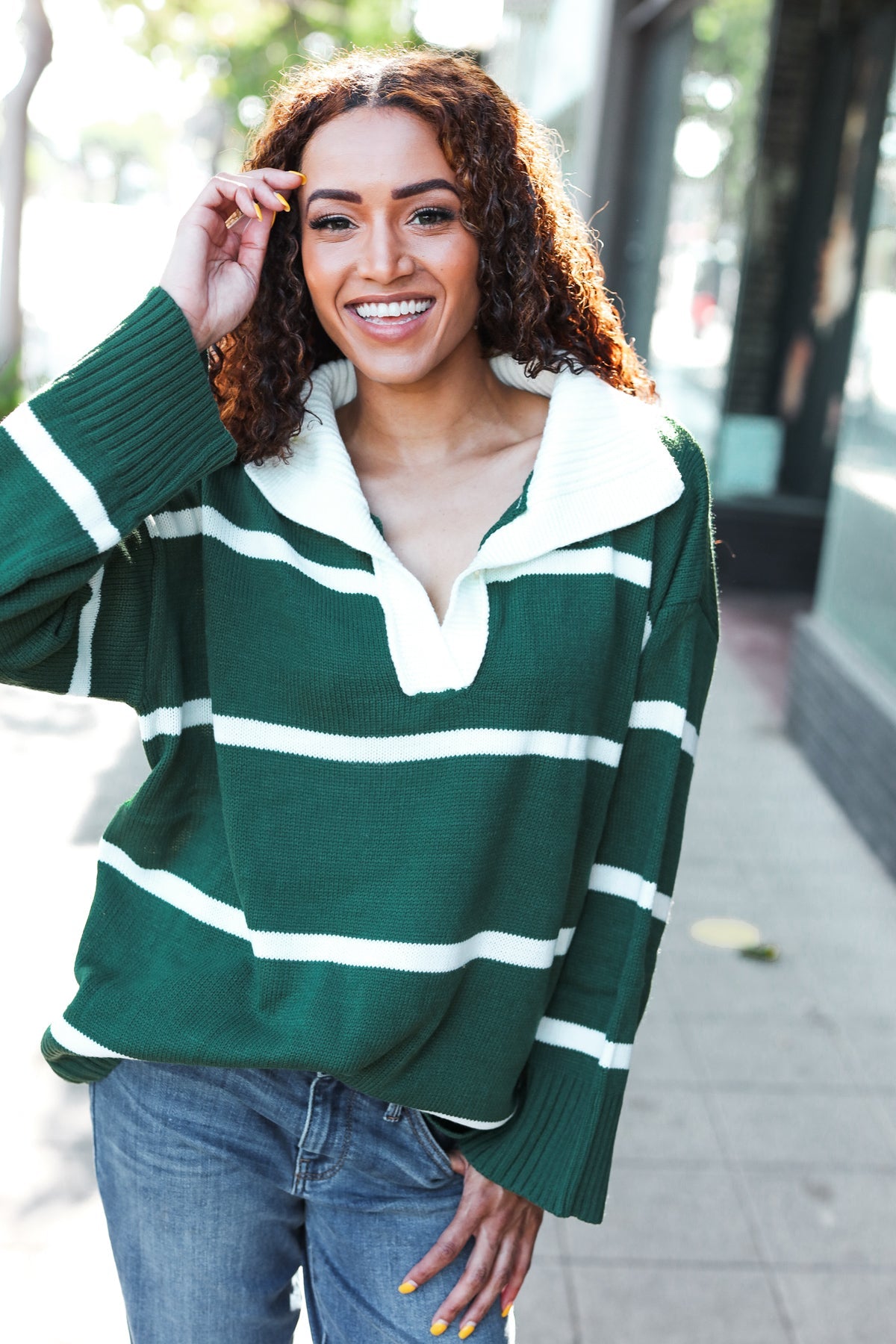 Maxct &Fall For You Hunter Green Stripe Notched Neck Collared Oversized Sweater
