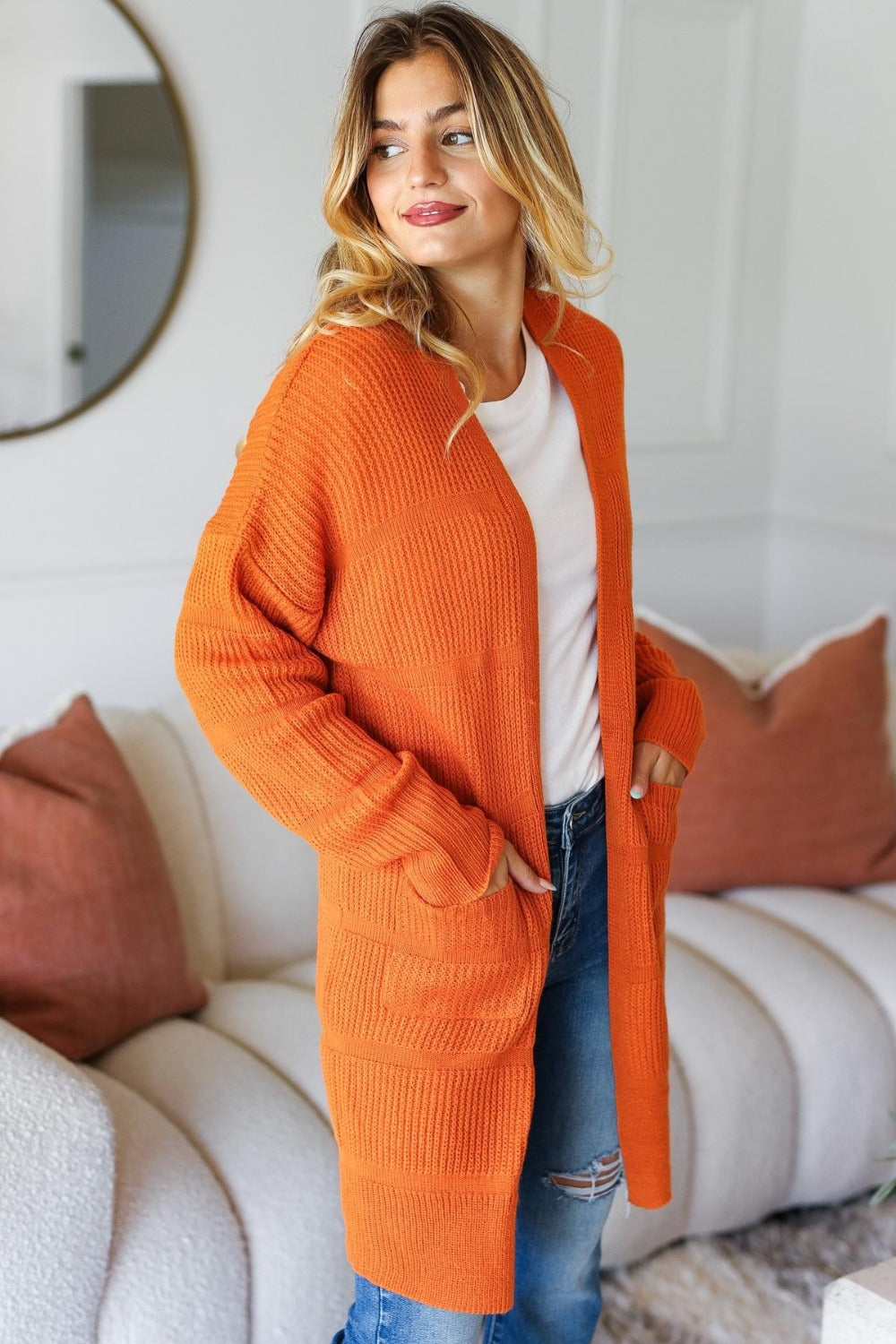 Maxct &Haptics Full Size Stripe Textured Open Front Cardigan with Pockets