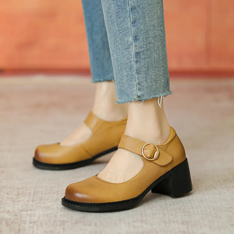 Handmade Pumps Mary Jane Heels Sandalss Round Toe  Retro Velcro Sandals Black/Brown Maxct
