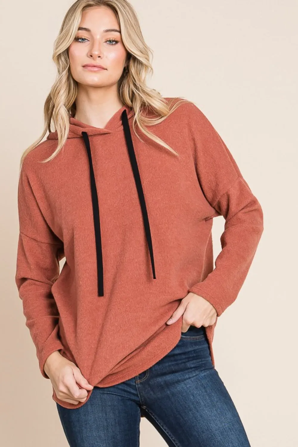 Maxct &BOMBOM Contrast Drawstring Drop Shoulder Knit Hoodie