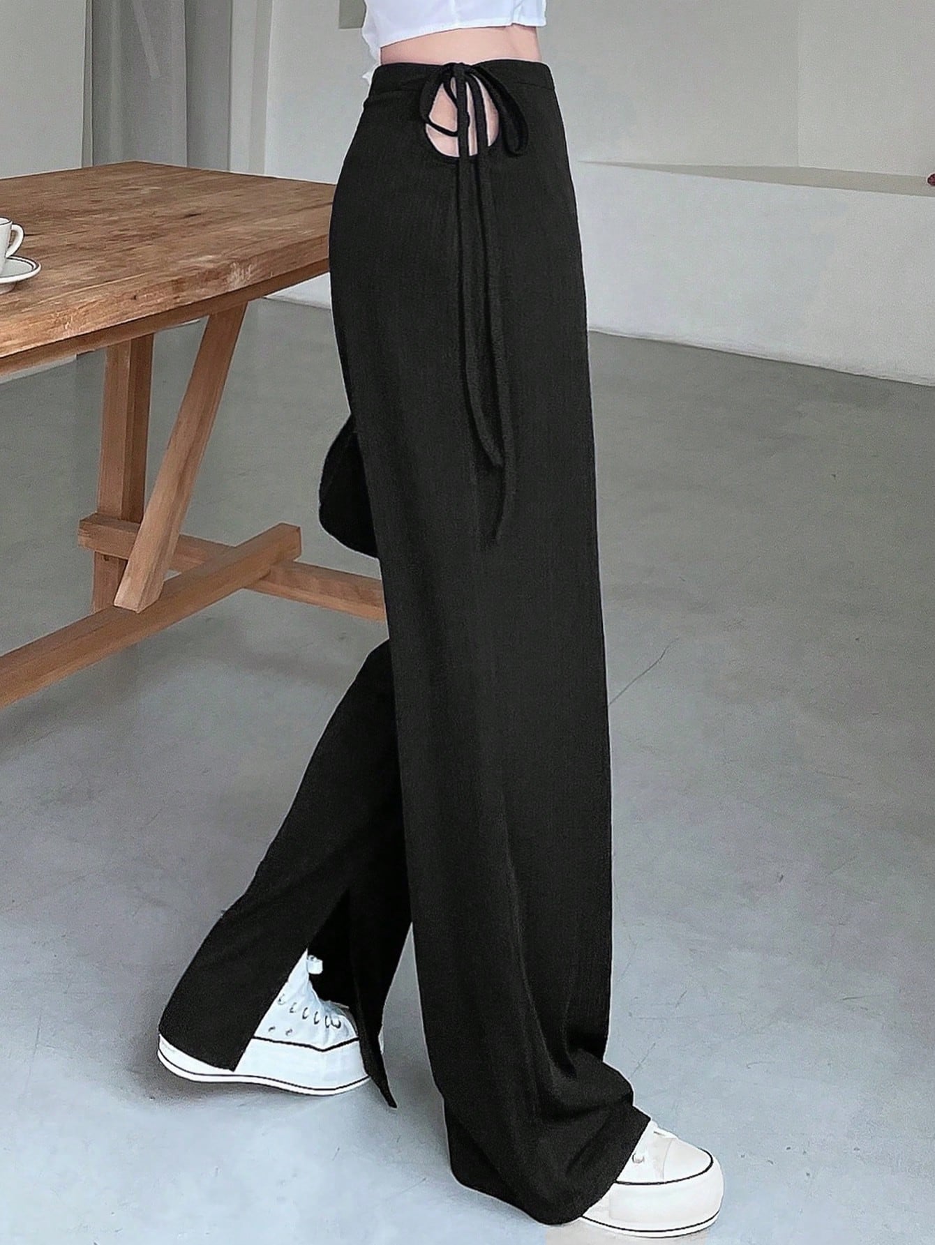 Maxct Women Double-Sided Hollow Out Design Sense Drawstring Suit Pants