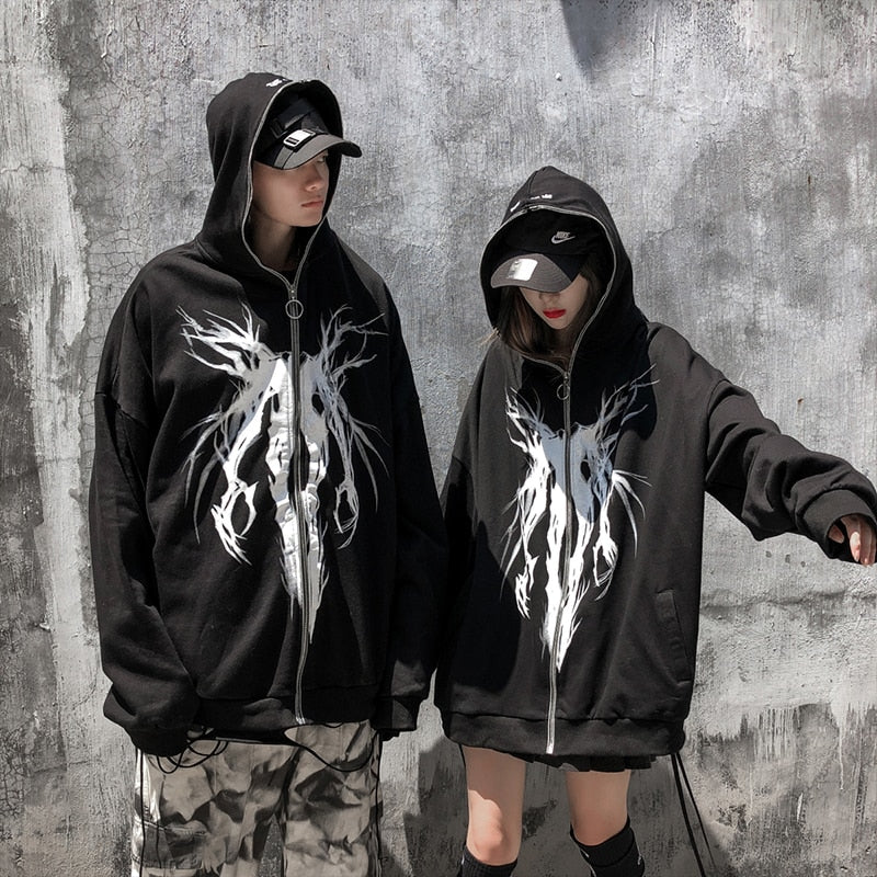 Unisex Zipper Black Graphic Hoodies Maxct