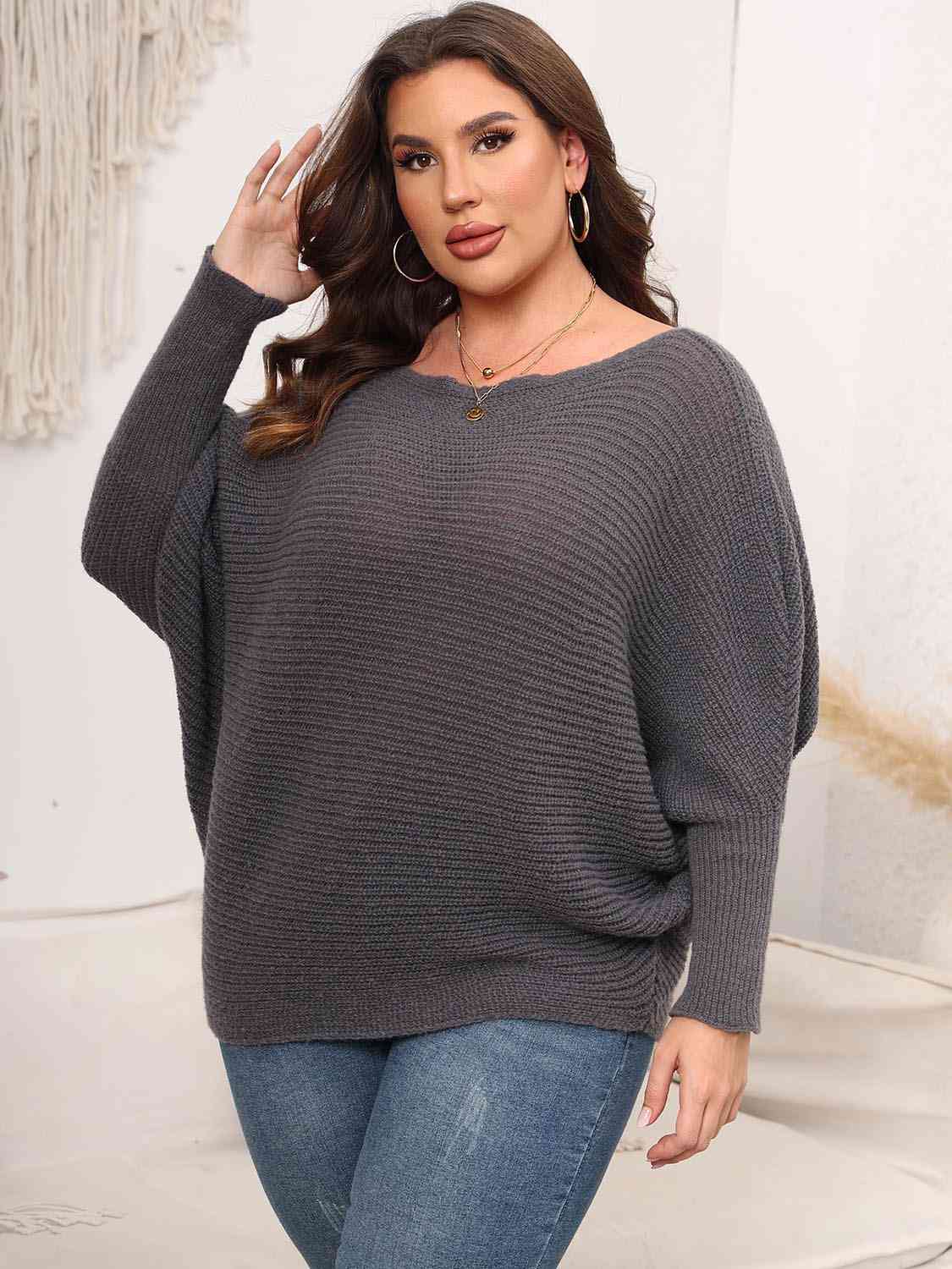Maxct &Full Size Boat Neck Batwing Sleeve Sweater