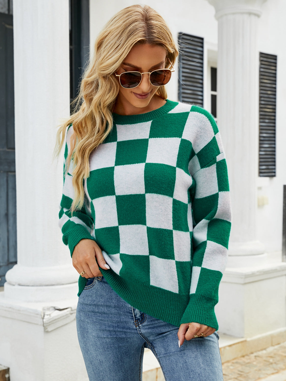 Maxct &Checkered Round Neck Sweater