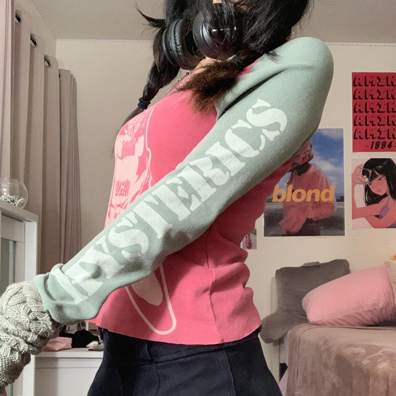 2000s Retro Patchwork Long Sleeve Crop Top Hip Hop Harajuku T-shirt E-girl Punk Mall Grunge Emo Alt Clothes Women Pullovers Tees