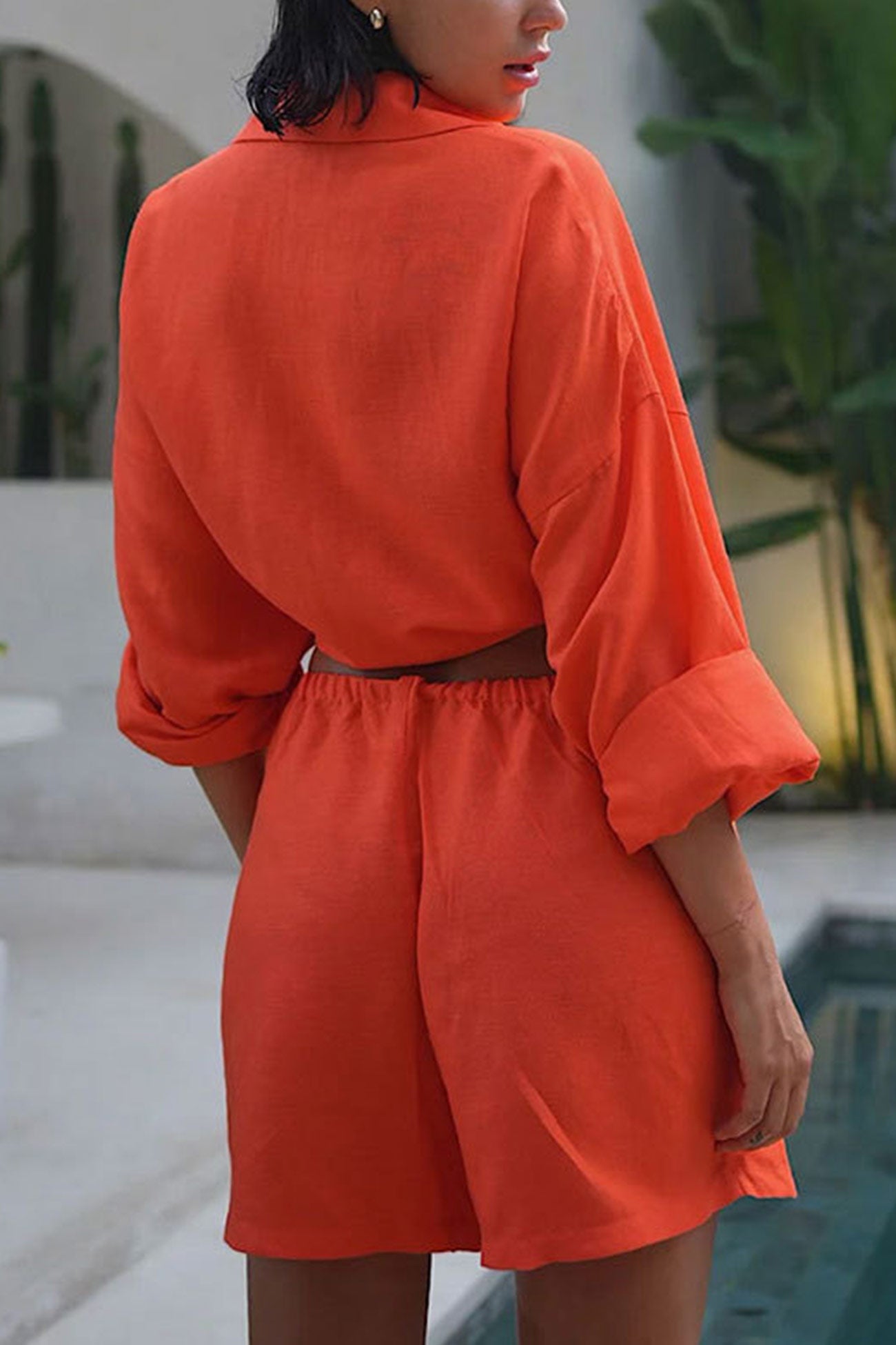 Maxct Cotton Slit Hem Blouse Shorts Suits