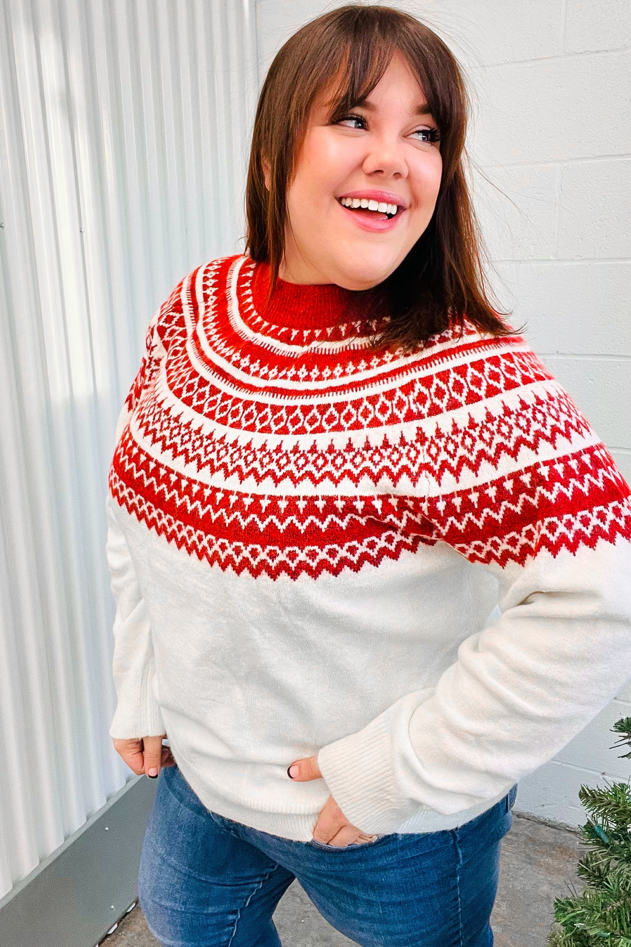 Maxct &Feeling Festive Ivory & Red Fair Isle Mock Neck Sweater