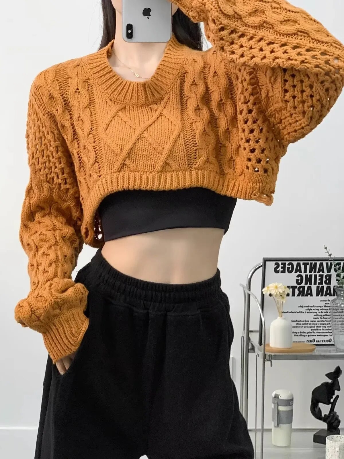 Maxct Sweater For Women Vintage Loose Casual Long Sleeve Knit Sweater Y2k Hollow Out Streetwear Top
