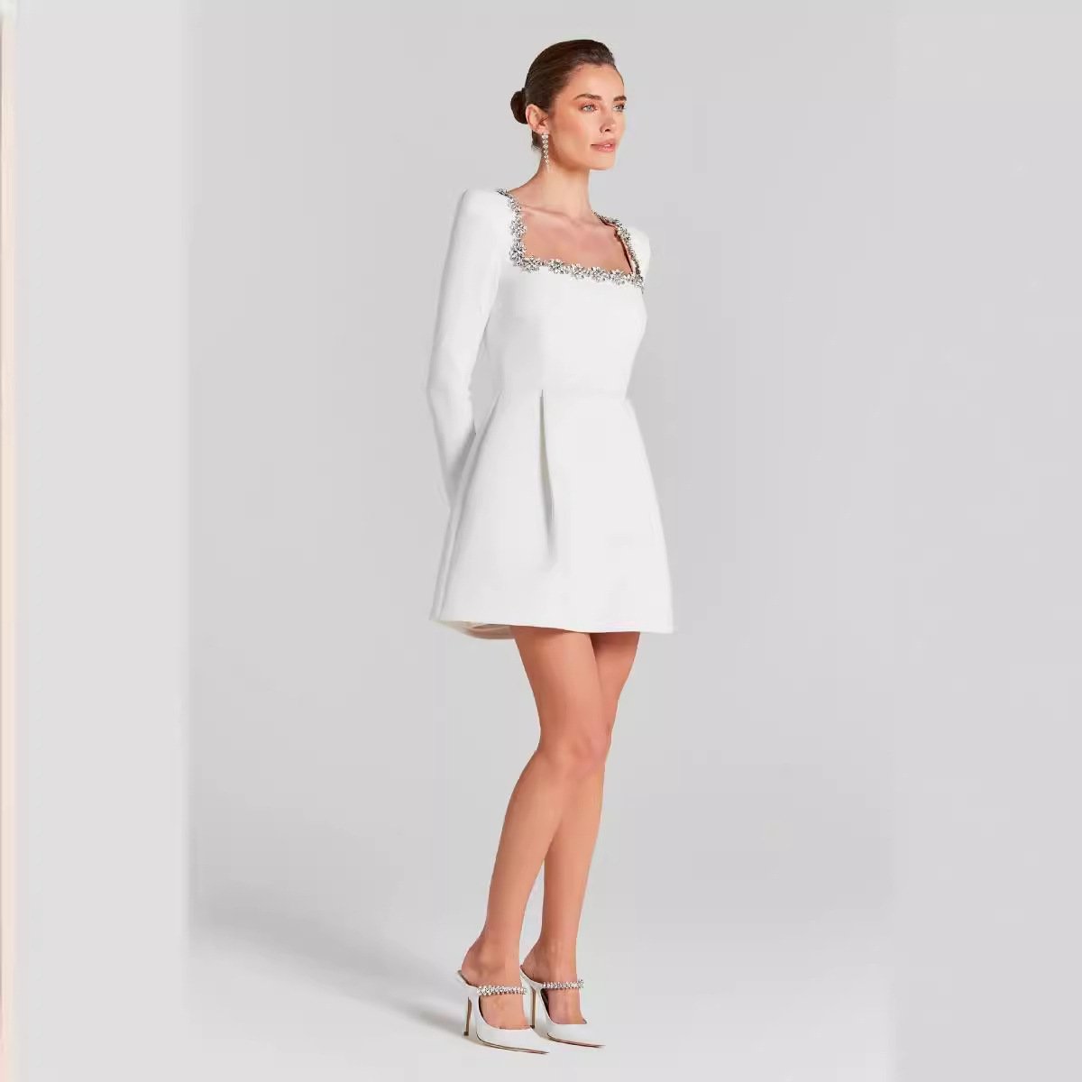 Maxct 2024 New Women's White French Square Collar Diamond Long Sleeve Bandage Dress Summer High-end Sense - Image 3