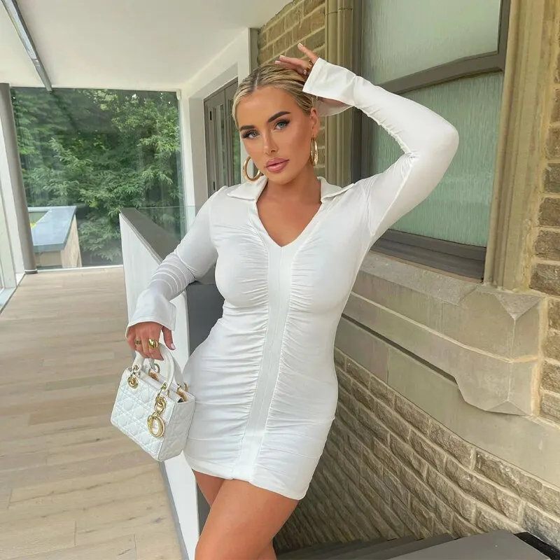 Voguable Solid Pleated Polo Neck Long Sleeves Mini Dress Streetwear Y2K Elegant Wear Maxct