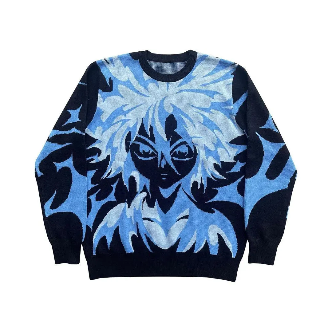 Maxct Japan Harajuku Anime Style Black White Pullover Sweater y2k Woman Vintage Clothes ssweatshirt Long Sleeve Round Neck Top traf