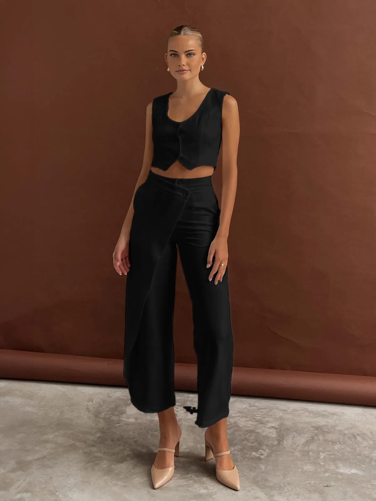 Maxct Solid  Asymmetrical Straight Leg Pants Set