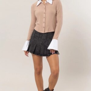 Maxct &HYFVE Collared Contrast Button Down Crop Knit Cardigan