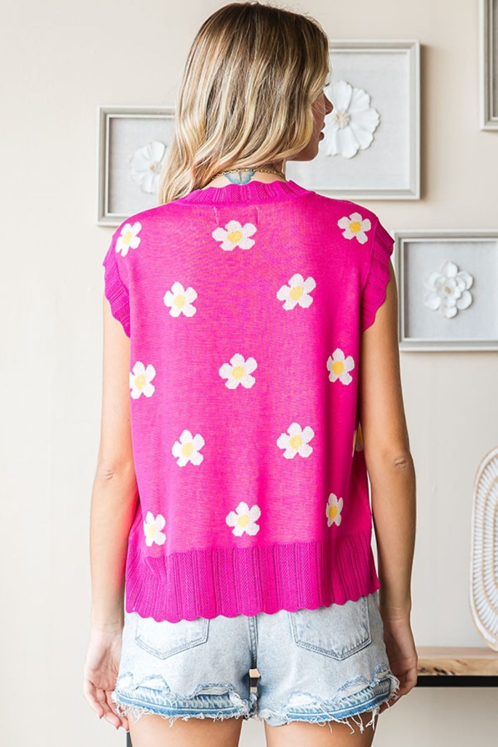 Maxct &First Love Full Size Flower Pattern Round Neck Sweater Vest
