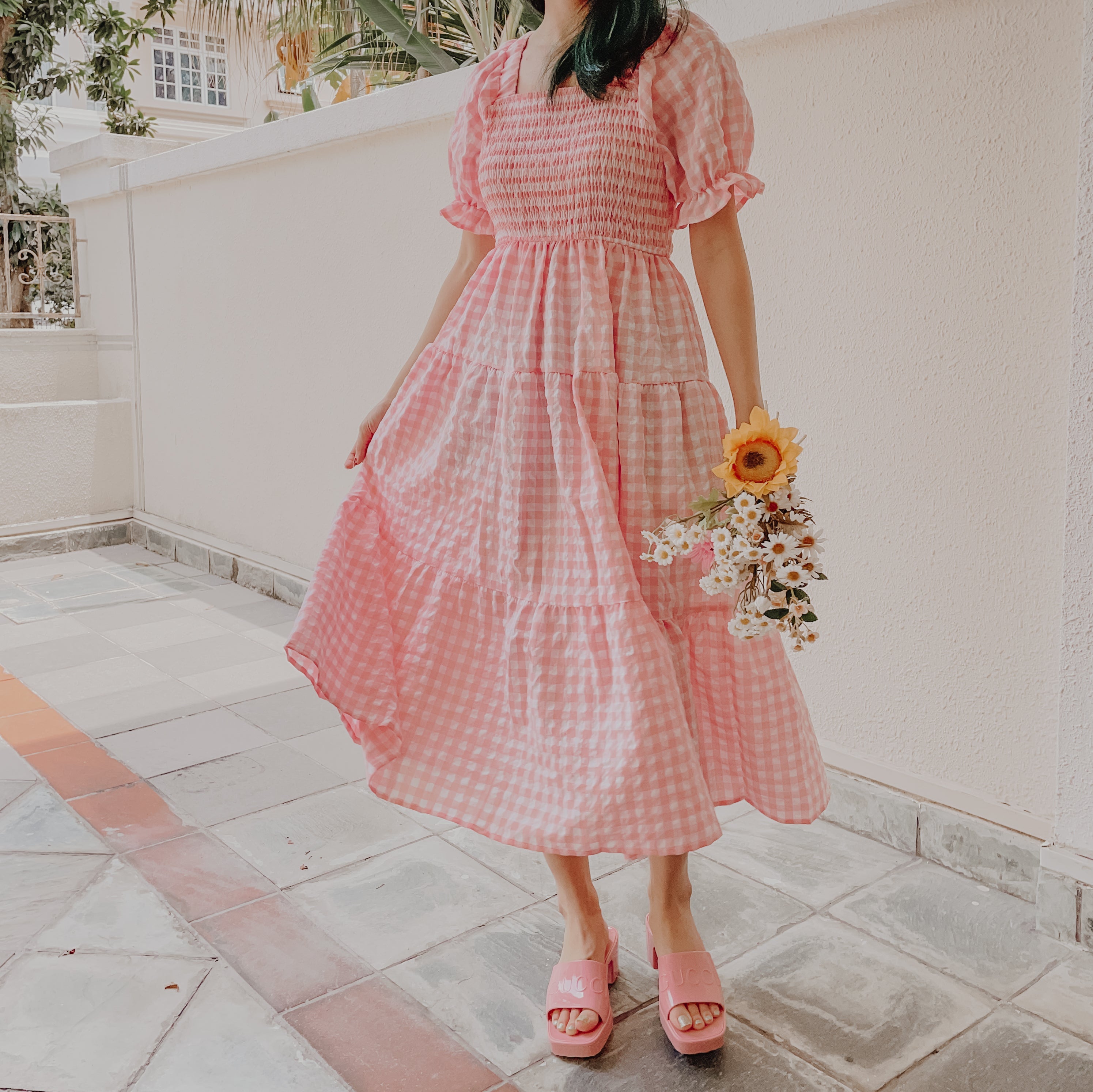 Puff Sleeve Gingham Tiered Dress Maxct